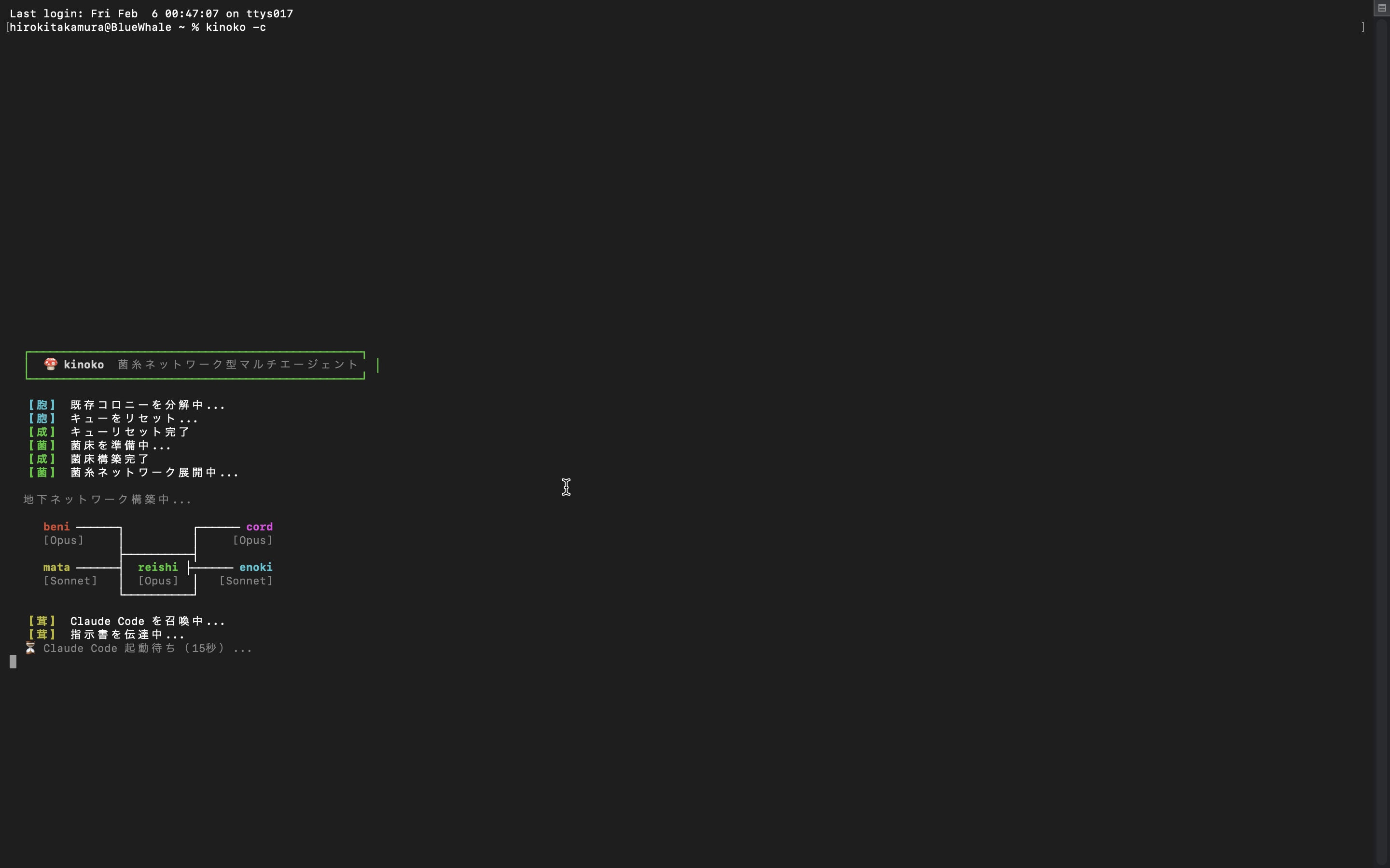 kinoko起動画面——deploy.shの菌糸ネットワーク図