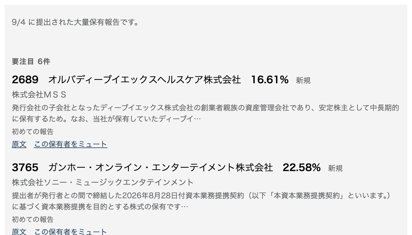 StakeOut — 平日17:30に届くメール。銘柄・保有割合・保有者・保有目的が並ぶ